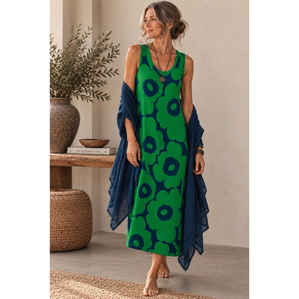 Marimekko Simpukka Unikko Dress Womens M Green Navy Floral Ribbed Midi